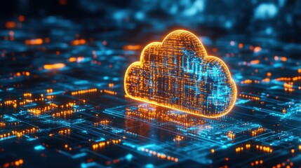 Poster - A digital cloud icon with glowing lines and circuits, symbolizing cloud computing and technology against a blue and orange abstract background.