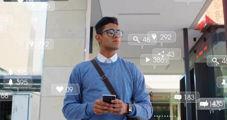Poster - Using smartphone, young man with social media notifications in urban animation scene