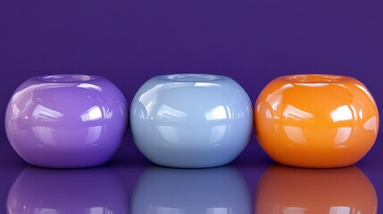 Poster - Three glossy, round decorative vases in purple, blue, and orange, reflecting light against a vibrant purple background.