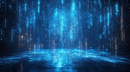 Poster - A mesmerizing digital landscape featuring cascading blue lights and patterns, creating a futuristic atmosphere reminiscent of a virtual reality environment.