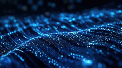 Poster - A mesmerizing wave of blue light particles creates an ethereal, digital landscape, showcasing an abstract representation of data or energy flow.
