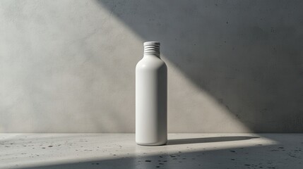 Poster - A minimalist white bottle stands against a textured wall, casting a long shadow in soft light, emphasizing simplicity and modern design.