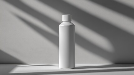Poster - A minimalist white bottle is illuminated by soft shadows on a neutral background, emphasizing its sleek design and simplicity.