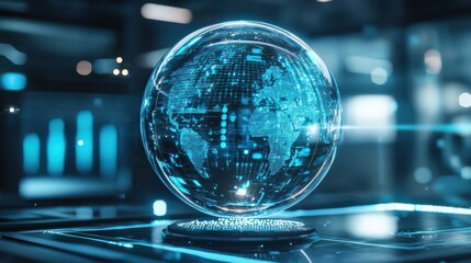 Poster - A futuristic, illuminated globe displaying digital world maps, set on a sleek surface, symbolizing global connectivity and technology.