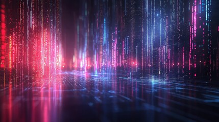 Poster - a vibrant, futuristic digital landscape with cascading light streams and abstract patterns, suggesti