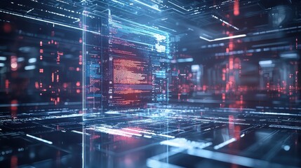 Poster - A futuristic digital environment featuring glowing blue and red circuits, conveying a sense of advanced technology and virtual reality.