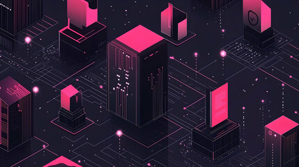 Poster - An isometric illustration of a futuristic city of interconnected digital structures.