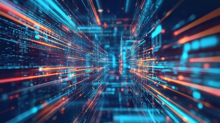 Poster - A vibrant, abstract representation of data flow with bright lines and lights, suggesting technology and motion within a digital environment.