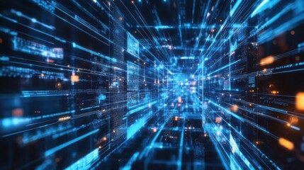 Poster - a futuristic digital tunnel with blue data streams, representing advanced technology and interconnec