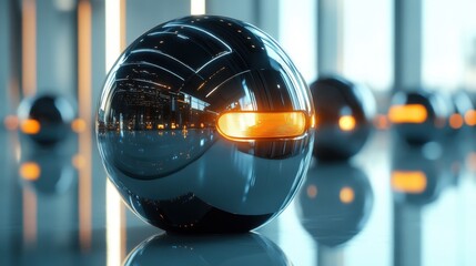 Poster - A futuristic, shiny sphere with a glowing element, set in a sleek, modern environment, reflecting light and surroundings.