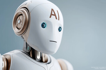 3d rendering of a white humanoid robot with a face made of light blue, close-up portrait, front view
