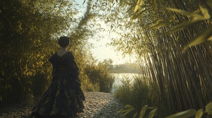 Wall Mural - woman in dark dress walks on path near water surrounded by trees.