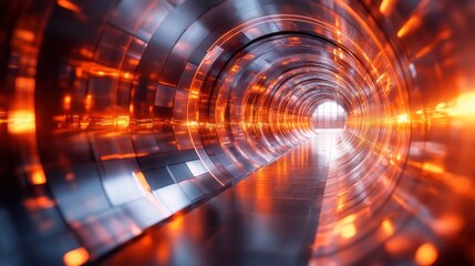 Poster - A futuristic tunnel with metallic walls illuminated by warm orange light, creating a dynamic and captivating visual effect.
