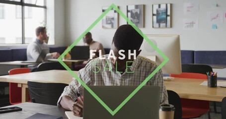 Poster - Man working at desk with Flash Sale text animation over office scene