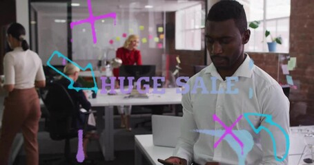 Poster - Huge sale text animation over diverse people working in modern office