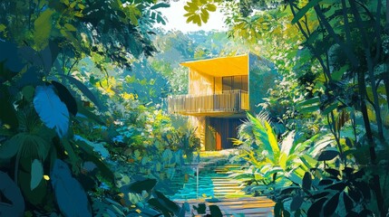 Wall Mural - house with balcony surrounded by lush green tropical vegetation and a small stream.