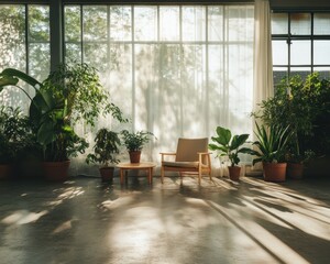 Poster - Biophilic Sanctuary Minimalist Urban Wellness Space with Soft Natural Light, Transformative Interior Design for Mindful Living and Sustainable Comfort