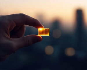 Fototapete - Sunset Micro-Tech Innovation Transparent Smart Sensor Capturing Urban Environmental Data with Minimalist Precision and Next-Gen Digital Intelligence