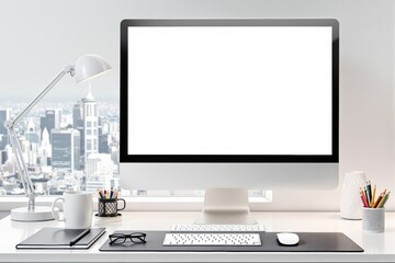 Poster - Modern workspace with computer monitor and office supplies on a white desk.