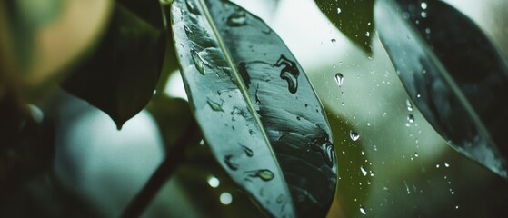 Poster - Biophilic Wellness Trend Emerald Green Leaf Macro with Raindrops - Sustainable Design Inspiration for Eco-Conscious Digital Content and Mindful Lifestyle Branding