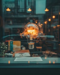 Poster - Igniting Creativity Cinematic Lightbulb Moment in Moody Urban Workspace - Emerging Innovation and Design Thinking Visualization for Modern Entrepreneurs