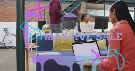 Poster - Massive sale text animation over diverse coworkers collaborating in modern office