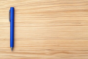 Aufkleber - Minimalist Blue Ballpoint Pen on Natural Oak Wood Grain - Sleek Professional Writing Accessory for Modern Workspace Aesthetics and Creative Productivity