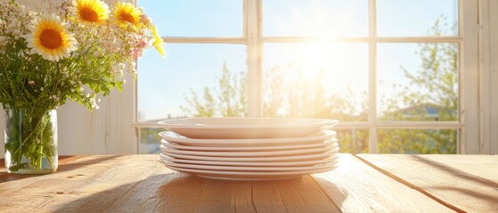 Poster - Sunlit Minimalist Kitchen Scene Elegant White Ceramic Plates on Rustic Wooden Surface with Golden Sunflower Bouquet - Natural Light Lifestyle and Home Styling Inspiration