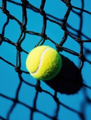 Poster - Minimalist Tennis Composition Vibrant Neon Yellow Ball Captured in High-Contrast Net Grid - Dynamic Sports Marketing Visual for Performance and Precision