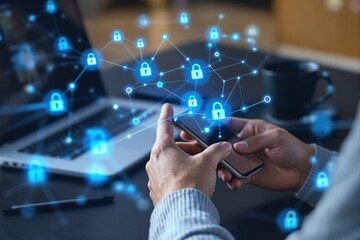 Poster - Cybersecurity concept with person using smartphone and digital lock icons.