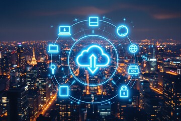 Poster - Cloud computing technology concept with neon icons over cityscape at night.