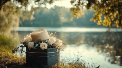 Wall Mural - flowers and a hat sit near a lake surrounded by trees.
