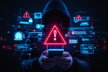 Poster - Cybersecurity threat with hacker using smartphone and warning symbols.