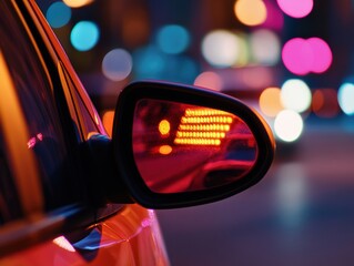Leinwandbilder - Cyberpunk Urban Mobility Neon-Infused Smart Side Mirror Reflecting Future Automotive Design with Immersive Low-Light Technology and Dynamic Night Aesthetic
