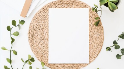 Poster - A blank sheet of paper sits on a woven placemat, surrounded by green leaves, creating a serene and minimalistic workspace aesthetic.