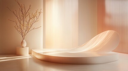Poster - A serene, modern interior featuring smooth curves, warm lighting, and a decorative branch in a minimalist vase, creating a tranquil atmosphere.