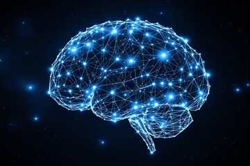 Poster - Glowing digital brain made of interconnected nodes and lines.