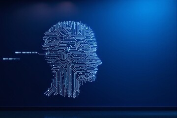 Poster - Digital circuit human head on dark blue background.