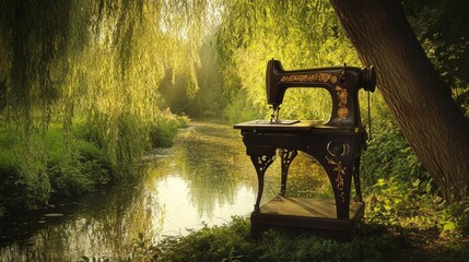 Wall Mural - antique sewing machine stands beside a stream in a forest setting.