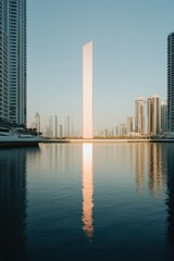 Aufkleber - Minimalist Urban Mirages Dubais Architectural Renaissance - Sleek Waterfront Skyscraper Reflection Capturing Future-Forward Design Paradigms