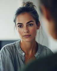 Poster - Minimalist Workplace Empowerment Gen Z Professional in Soft-Textured Neutral Attire Embodying Contemporary Leadership and Authentic Corporate Presence