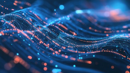 Poster - A vibrant, abstract representation of flowing digital waves, featuring blue and orange light trails that create a sense of movement and energy.