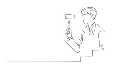 Poster - Self drawing animation of single one line drawing male auctioneer in suit holds and lifts wooden hammer and stacks of papers. The auction will open soon. National Auctioneers Day. Full length animated