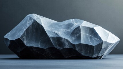Poster - A uniquely shaped, faceted rock with a glossy surface, showcasing a blend of light and shadow against a minimalist backdrop.
