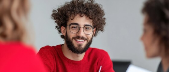 Leinwandbilder - Inclusive Professional Collaboration Millennial Entrepreneur in Vibrant Red Engaging Colleagues with Empathetic Communication and Modern Workplace Energy