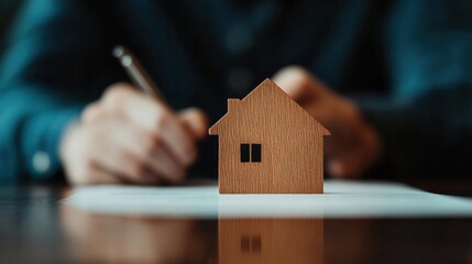 Poster - Minimalist Real Estate Financing Wooden House Model on Sleek Surface Symbolizing Modern Homeownership Journey and Digital-First Mortgage Approval Process