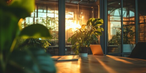 Poster - Biophilic Workspace Design Golden Hour Illumination of Modern Office Interior with Lush Greenery, Minimalist Aesthetic, and Sustainable Productivity Ambiance