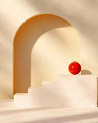 Poster - Minimalist Architectural Stillness Soft Beige Geometric Podium with Vibrant Red Sphere - Contemporary Design Metaphor for Creative Potential and Spatial Elegance