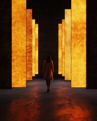 Leinwandbilder - Liminal Passage Empowered Silhouette Navigating Transformative Digital Corridors of Emergence - Cinematic Narrative of Personal Evolution and Technological Transition