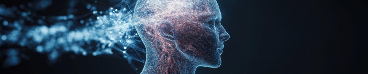 Leinwandbilder - Neurotechnology Visualization Ethereal Digital Human Silhouette with Quantum Neural Network Mapping - Cutting-Edge Cognitive Performance and AI Wellness Innovation